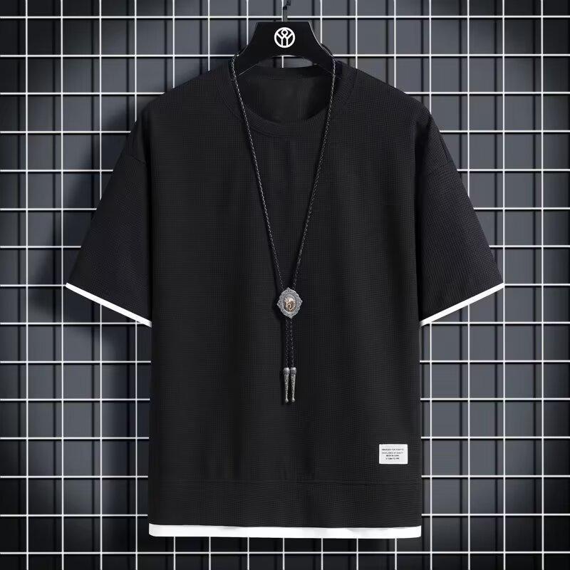 Men's Summer Short-Sleeved T-Shirt Casual Fake Two Piece Simple Shirt Loose Crewneck Tops