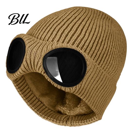 Cycling Thermal Cap Knitted Hat with Goggles, Unisex Winter Hat, Fleece Lined, Windproof Stylish Streetwear Warm Skull for Outdoor Skiing Street
