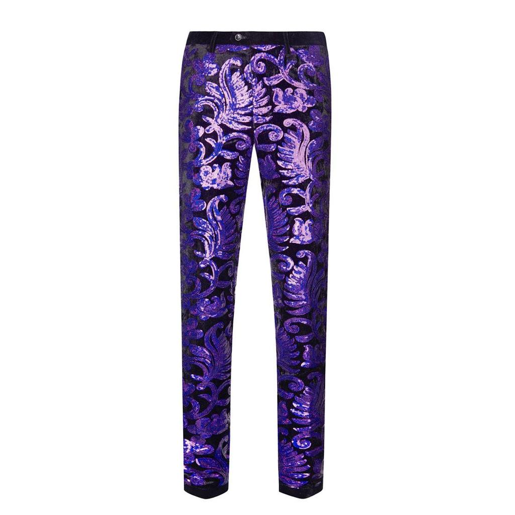 PYJTRL Mens Fashion Shiny Sequin Floral Pattern Pants Expandable Waist Trousers