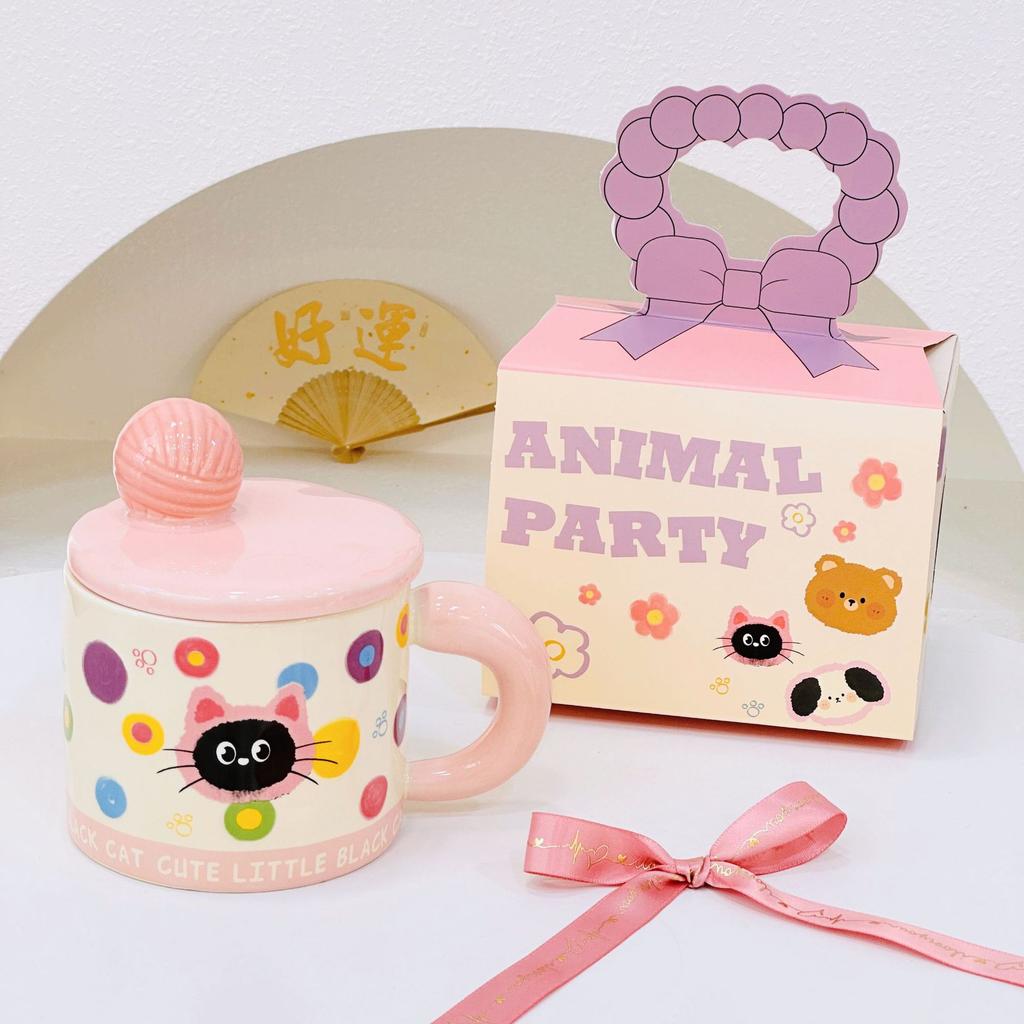 Girls' Heart Cute Cartoon Birthday Ceramic Mug Office High looking Water Cup with Lid Souvenir Gift Animal Cup