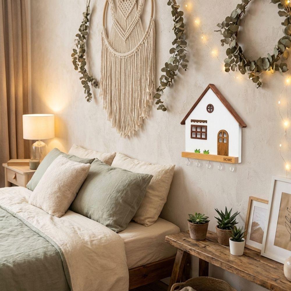 Art Design Wooden Wall Mount Key Holder House Shape Multi-Purpose Decorative Hooks Rustic 5-Hook Design Key Holder Entryway
