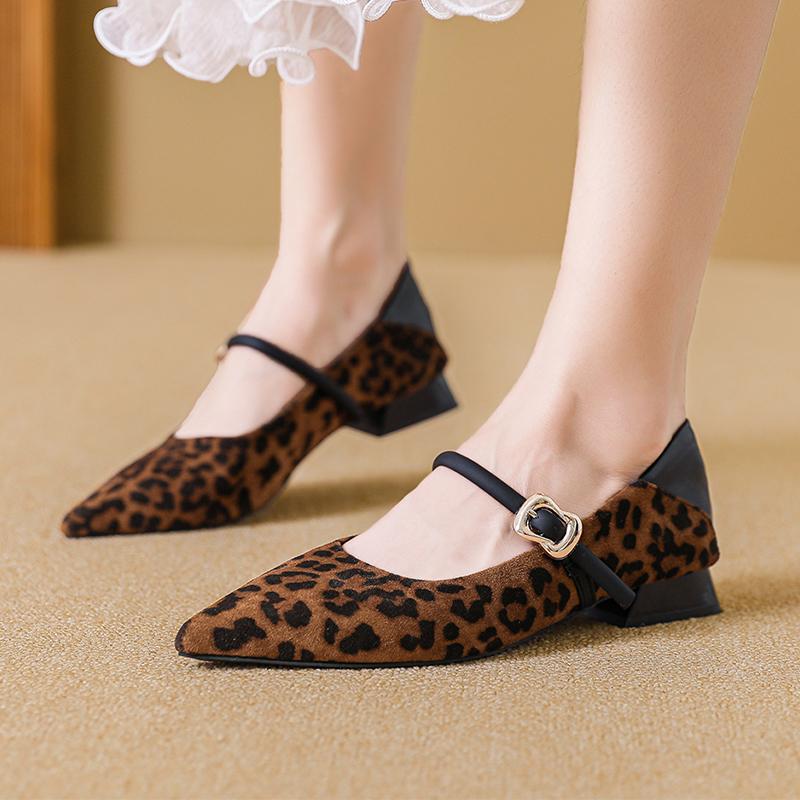 Leopard Women Mary Jane Shoes Pointed Toe Heeled Shoes Woman Sandals 2025 Summer Sexy Dress Chunky Shoes Shallow Pumps De Mujer
