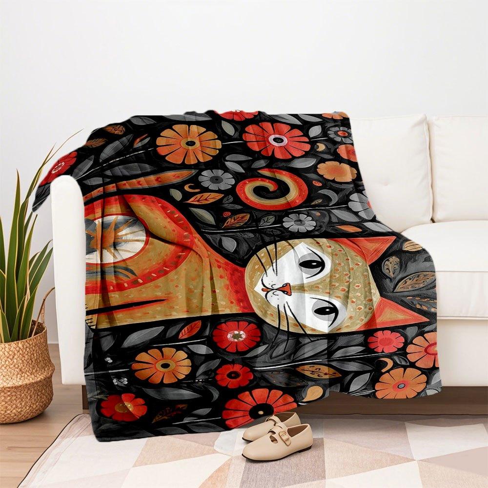 "Whimsical Floral Cat Wall Art Print - Vibrant Home Decor"Blanket Flannel Throw Blanket for Sofa, Bed, Travel, Camping, Office, Couch, Chair