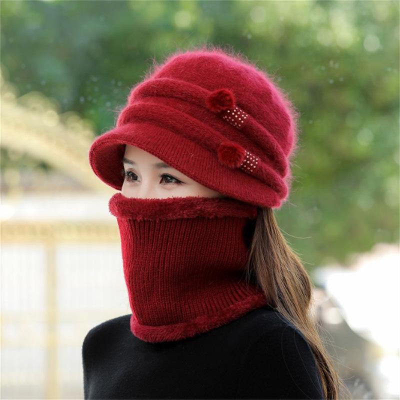 Women Winter Hat Keep Warm Cap Add Fur Lined CAPS And Scarf Set Warm For Female Casual Rabbit Fur Winter Knitted Bonnet
