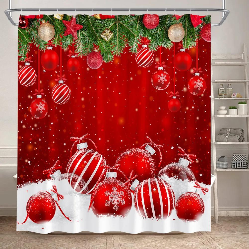 Red Christmas Shower Curtain Set Green Pine Branches Rope Ball Winter New Year Xmas Bathroom Decor Rug Bath Mat Toilet Lid Cover