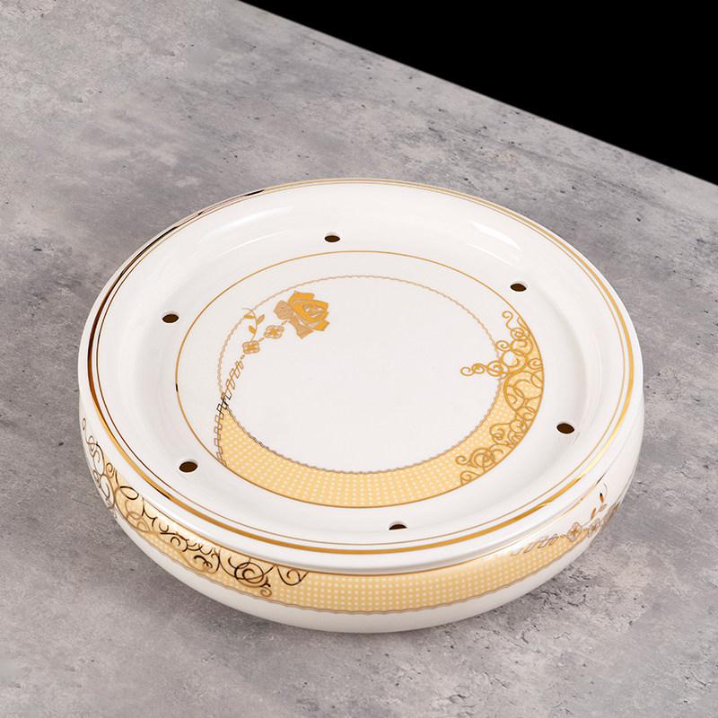 14-inch Ceramic Round Tea Tray for Gongfu Tea, with Double-Layer Water Storage