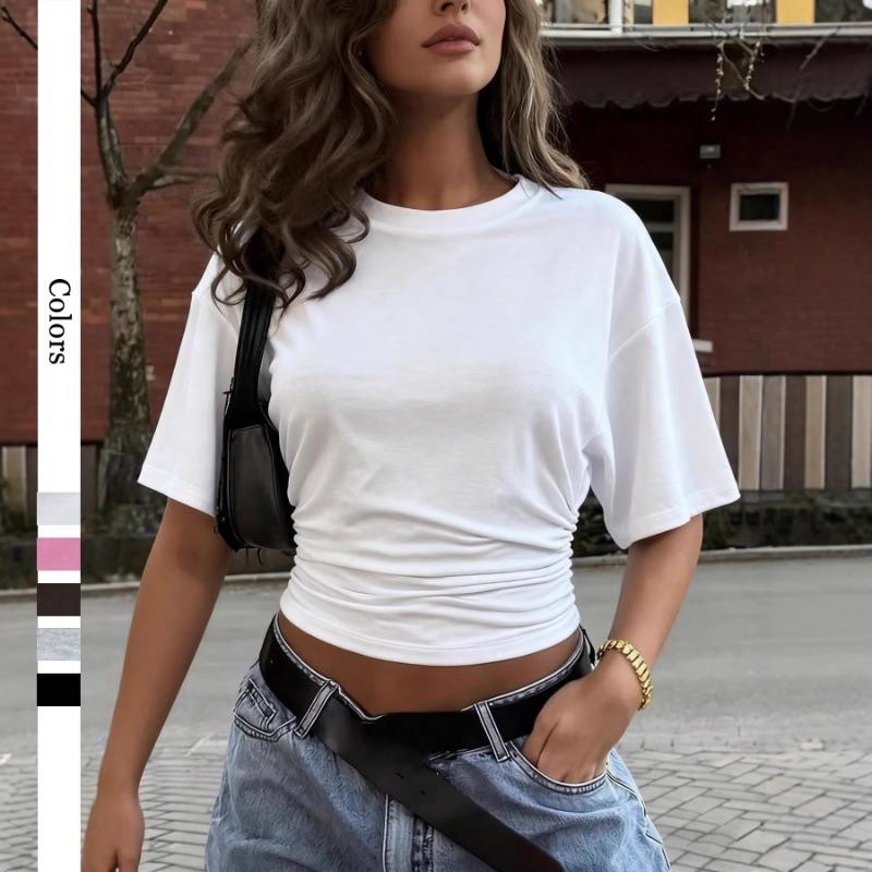 Women Y2k Solid Color Crew Neck Batwing Cinched Waist Loose Short Sleeve T Shirt