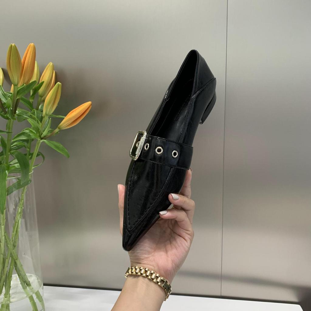 Niche new light luxury pointed square metal buckle with deep mouth comfortable commuting light mouth medium heel French retro single shoes