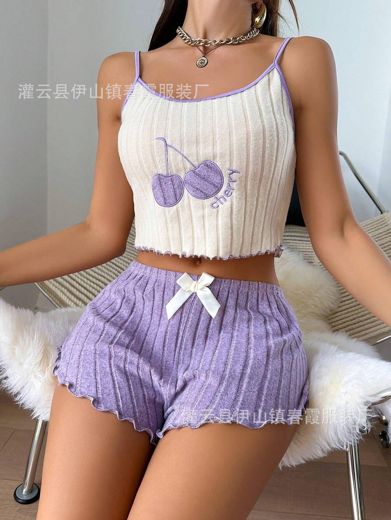 2026 new European and American style sexy pajamas ribbed suspenders loungewear suit women S лаванды фиолетового