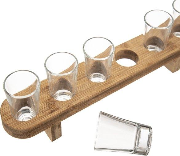 Kieliszki Szklane Do Wódki Shotów Na Bambusowej Tacy 40 Ml 6 Szt