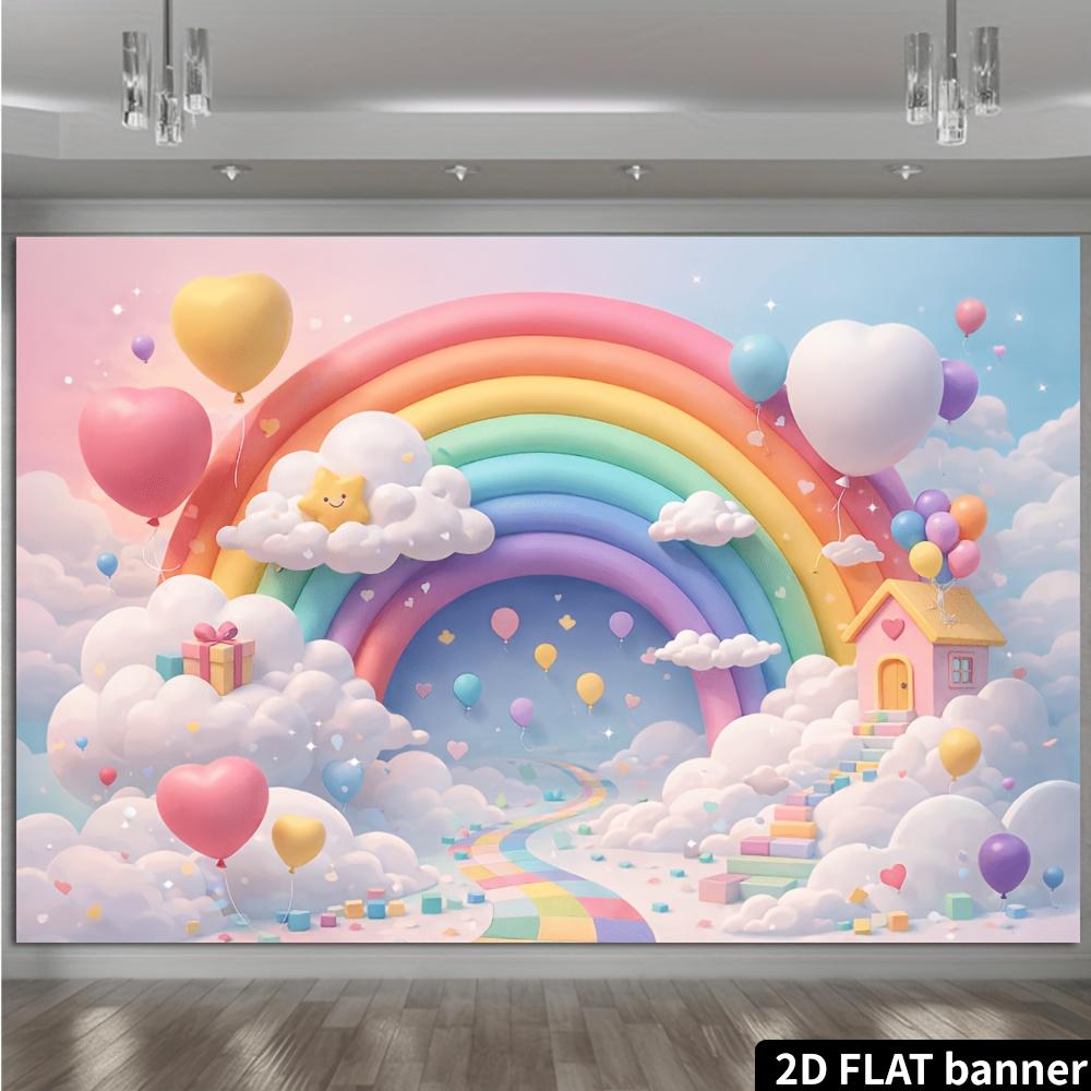 Rainbow Cloud Cabin Background Wall with Macaron Balloon and Nebula - Suitable for parties photography decoration weddings