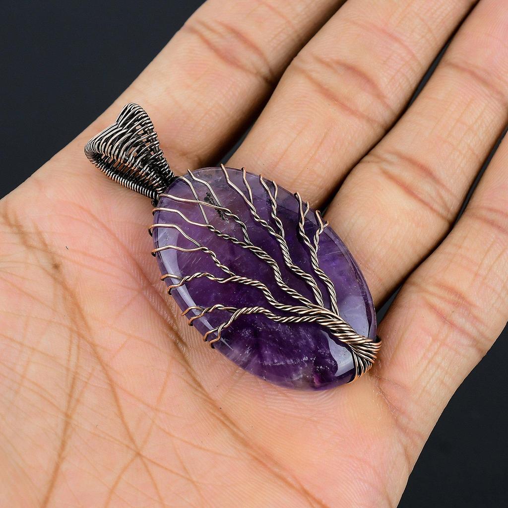 Amethyst Pendant, Handmade Gemstone 999 Copper Wire Wrapped Pendant Antique Jewelry, For Gift Silver Jewelry