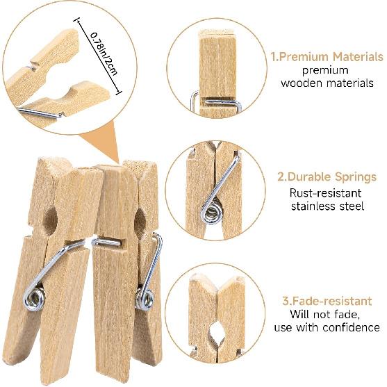 joycraft Mini Wooden Clothesp with String - 100Pcs Brown Craft Clips, 1.4 in Photo Holder Hanging Clips for DIY Craft, Wedding Party Decor, Classroom