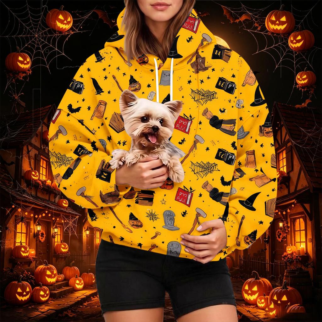 Women's Fashion Halloween Print Hoodie with Pet Pocket, Casual Pullover Sweatshirt for Fall