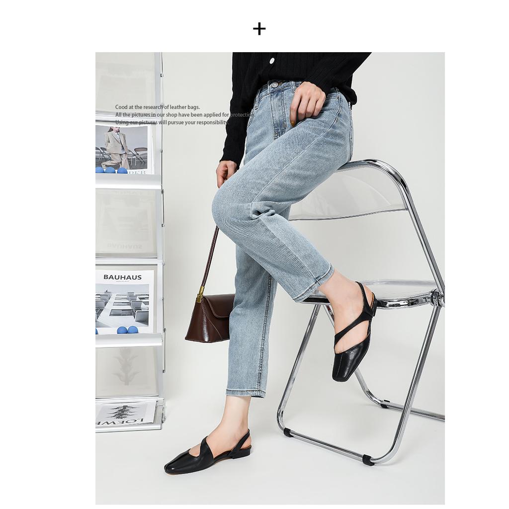 Sheepskin Version~ Spot French Square Head One-word with Bag Head Sandals Women's Summer Empty Trip Belt Women's Shoes Flat Single Shoes