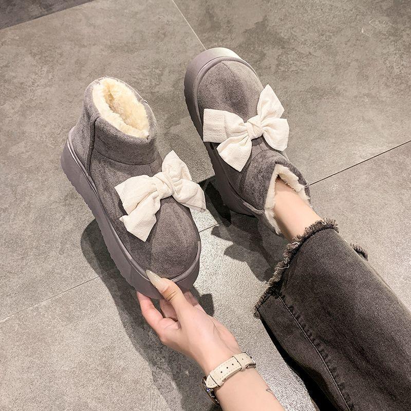2025 Winter New Casual Bow Cotton Shoes Piled Thickened Soft-soled Snow Boots Versatile and Comfortable Outer Cotton Boots