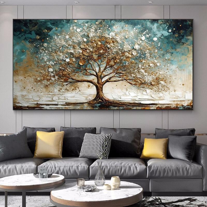 Abstract Gold and Blue Winter Tree Canvas Painting Wall Art Rich Tree Posters Landscape Picture for Living Room Wall Decor