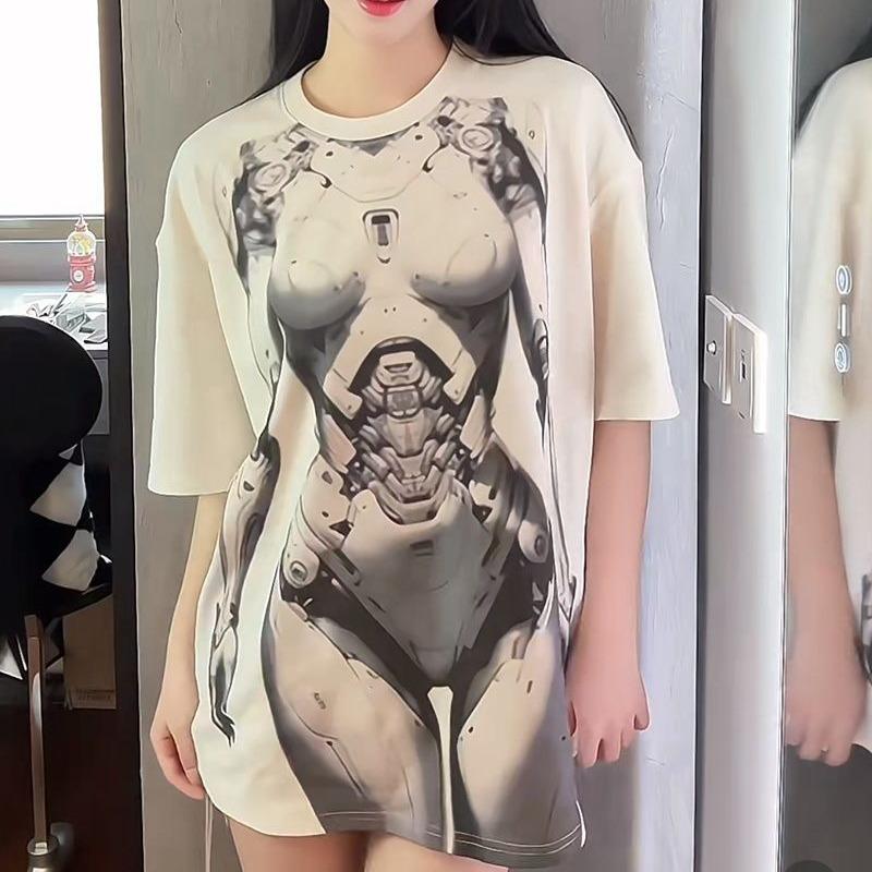 Summer New Streetwear Bold Women's Crew Neck Pullover Cotton England Geometric Printed Loose Midi Short Sleeve T-shirt Tops