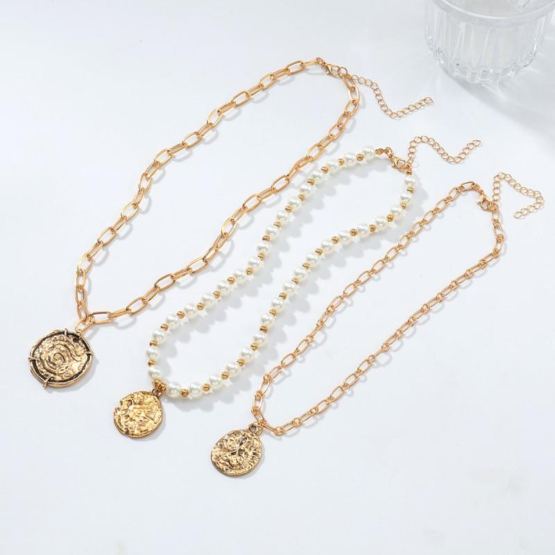 Layered Gold-Tone Alloy Necklace Set With Multi-Row Imitation Pearl Coin Pendants Women Geometric Chic Statement Jewelry