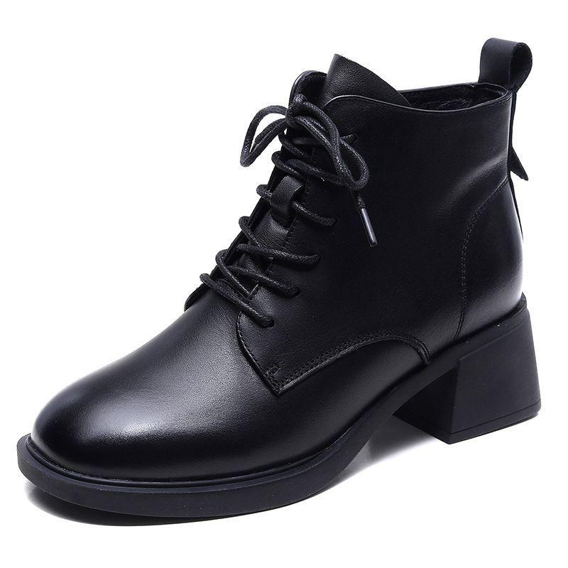 

Женские ботильоны из мягкой кожи первого слоя в стиле ретро на массивном каблуке - Осень/Зима 2025, средний каблук, нескользящие мартины на высокой платформе 35