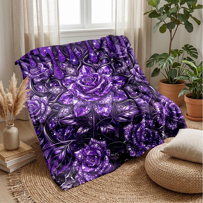 Purple Crystal Roses Theme Blanket Lightweight Warm Flannel Blanket Decorative Throw Blanket for Home Decoration