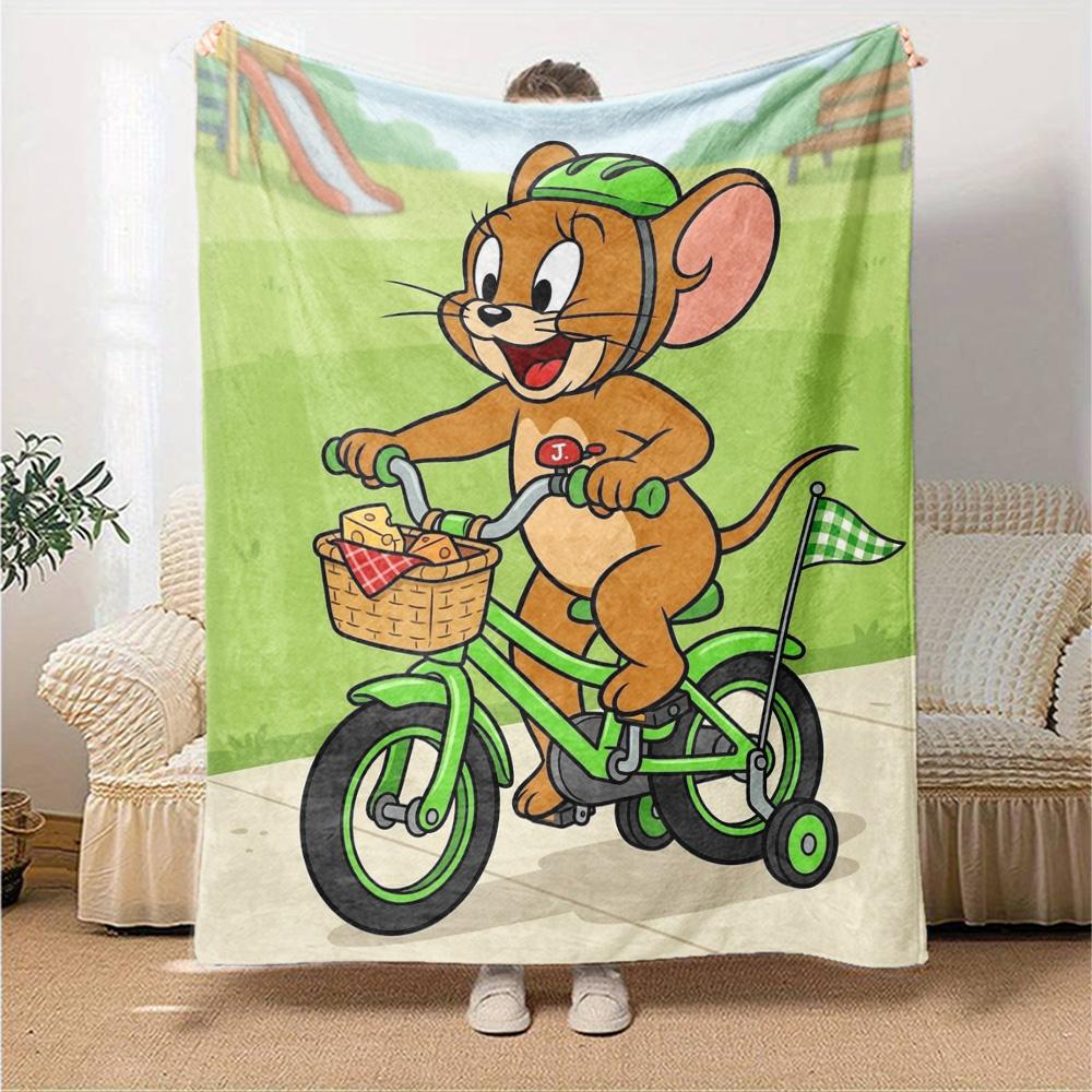 Jerry Mouse Riding Bicycle Cartoon Cute Print Flannel Blanket Soft Warm Throw Blanket for Sofa Bed Living Room