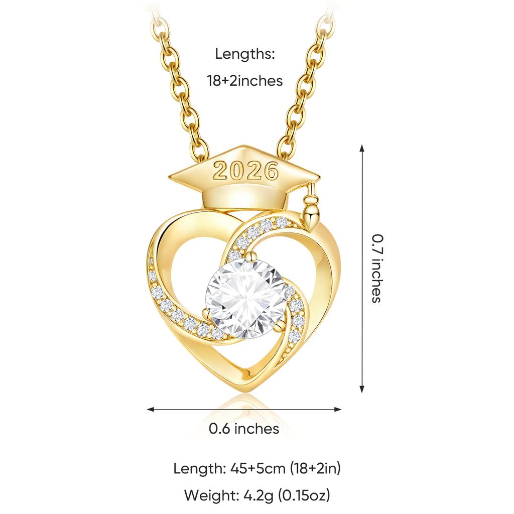 Vnox Gold Color Heart Pendant CZ Stones Necklaces, Class Of 2026 Graduation Cap Necklace High School College Graduation Gifts