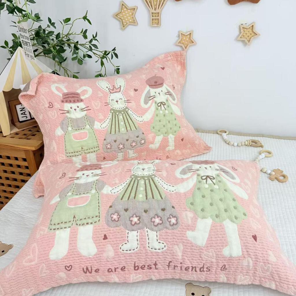 Cartoon Cotton Gauze Pillowcase Set: Soft, Breathable, Sweat-Absorbent Pillow Covers.