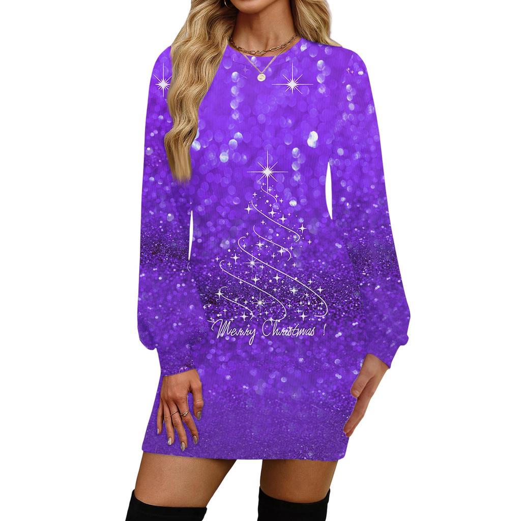 Women's Fashion Casual Christmas Print Round Neck Long Sleeve Dress