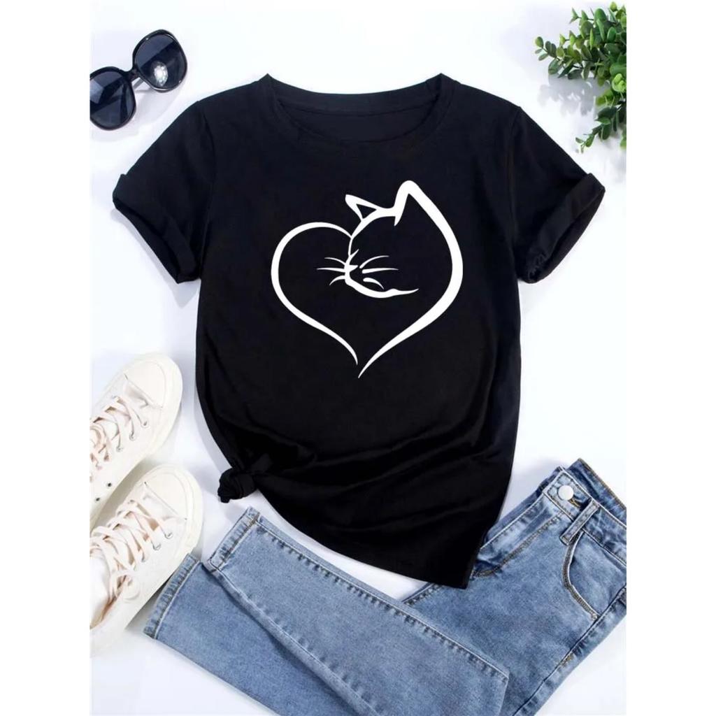 Cute Cat Print Women's T-shirt Casual Short-sleeved Blouse Summer Women's Cartoon Street Wear Y2k Clothing