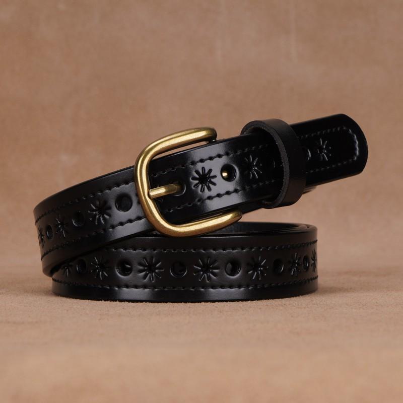 Womens Genuine Leather Belt With Hollow Cut Design Slim Waistband Casual Office Jeans Outfits Zinc Alloy Pin Buckle