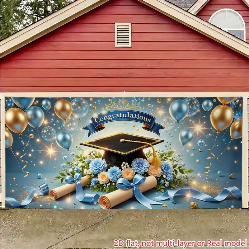 2D Congratulations Graduation Backdrop Navy Gold Cap Diploma Floral Balloon Photo Banner
