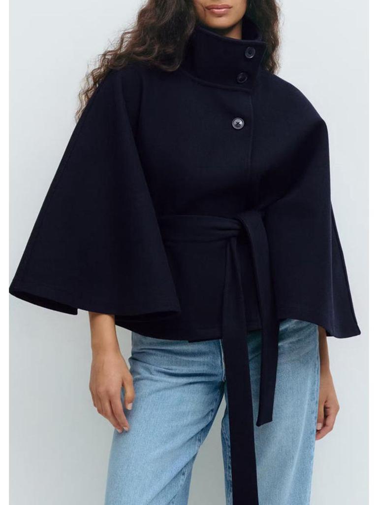 Women's Autumn/Winter Stand-up Collar Solid Color Cloak Coat with Buttoned Waist Belt