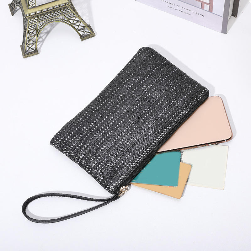 Fashion Ladies Weaving Bag Wristlet Clutch Women Daily Money Phone Clutch Solid Straw Woven Coin Purse Beach Wallet Card Leisure Travel