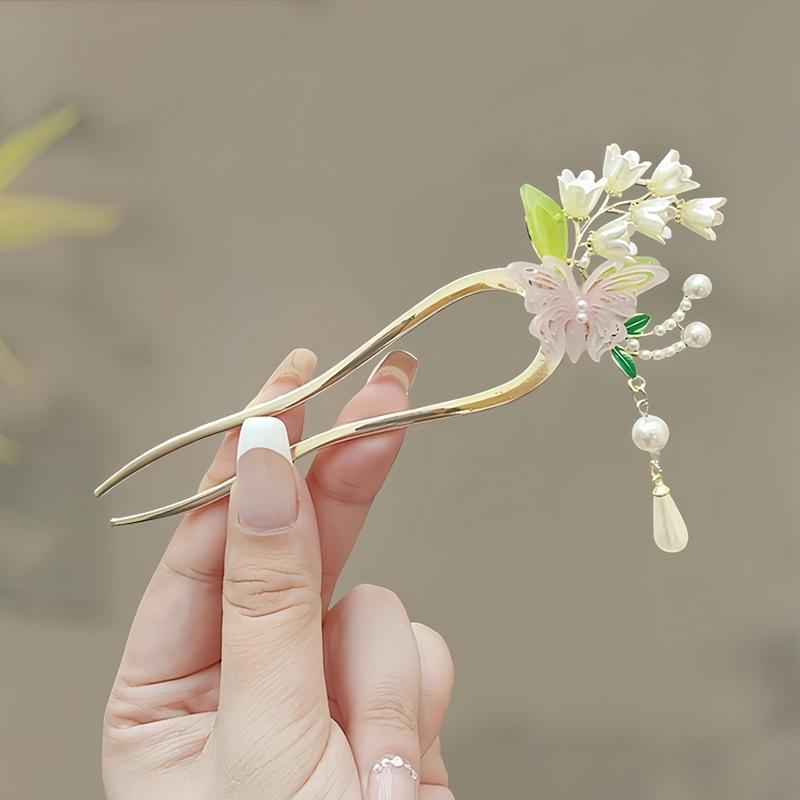 Antique Butterfly Flower Bamboo U-shaped Hairpin Super Fairy Retro Pearl Fringed Hairpin Hanfu Ancient Hairpin Accessories
