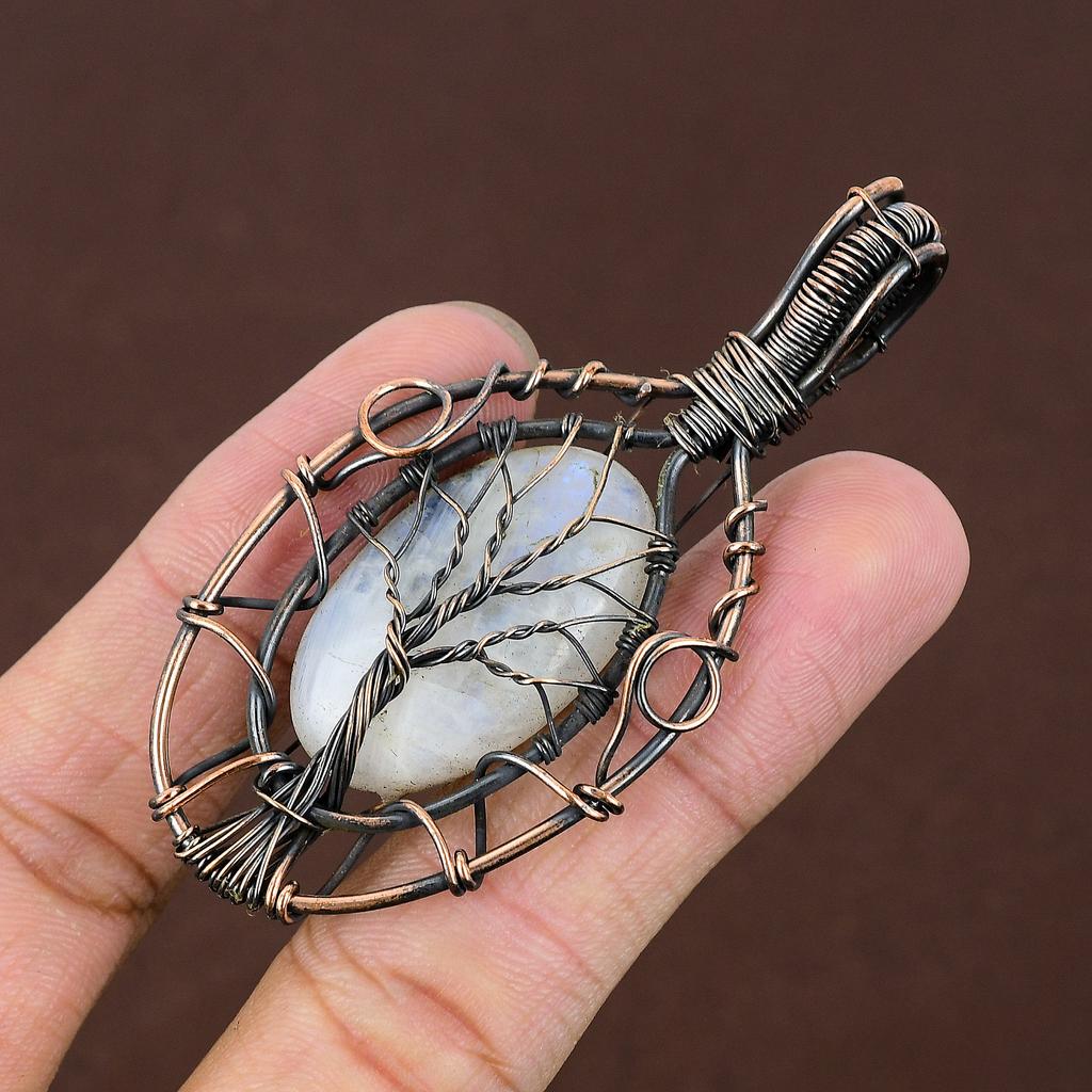 Rainbow Moonstone Gemstone Copper Wire Wrap Tree Of Life Pendant 2.95"