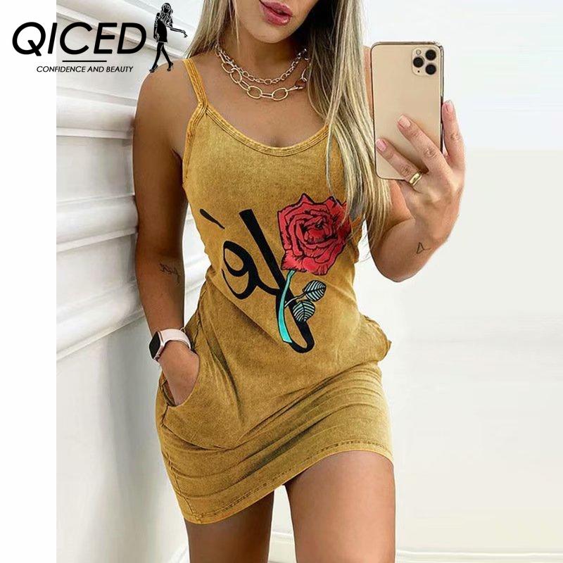 

QICED Женское элегантное летнее джинсовое мини-платье-бодикон с цветочным принтом и принтом букв, без рукавов, с карманами L жёлтый