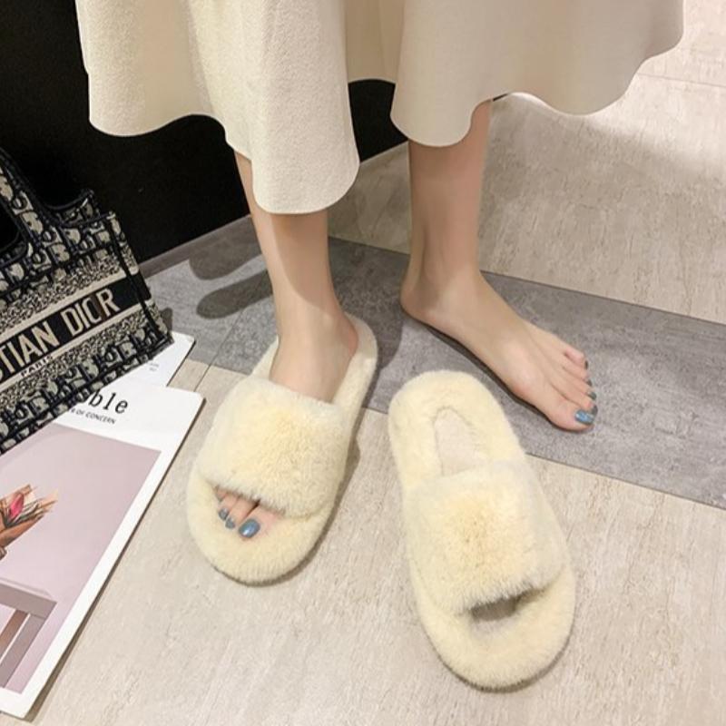 Thick Bottom Fur Slippers for Autumn and Winter, Rabbit Fur for Home and Outdoor Wear, Warm Plush Slippers