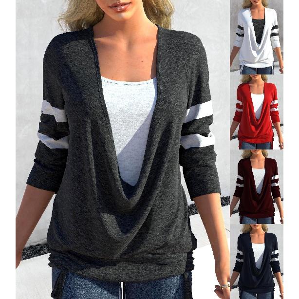 

2023 Весенняя женская футболка контрастного цвета с длинными рукавами и большим свободным воротником