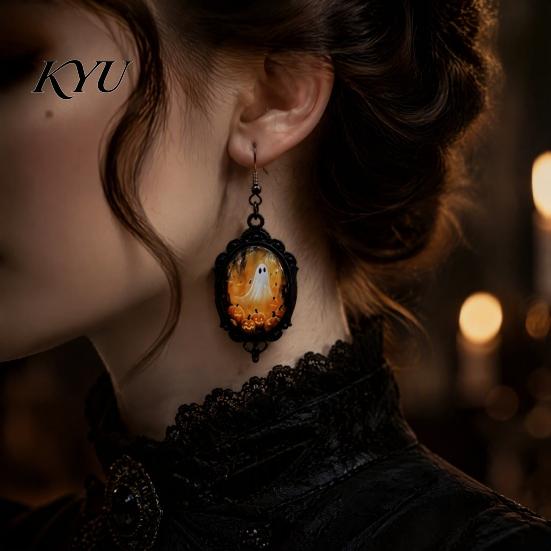 Unique Holiday Gift Gothic Ghost Earrings, Vintage Style Matte Black Alloy Dangle Dark Academia Accessories Halloween Decorative Jewelry for