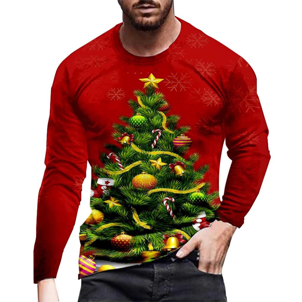 Men's Long Sleeve 3D Printed Santa Claus Cartoon Printed Tops Christmas Party Casual Men's Fashion Round Neck Long Sleeve