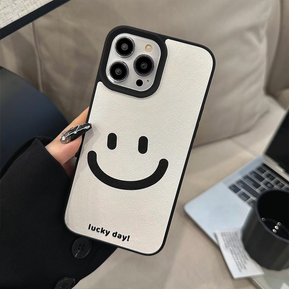 LUCKY Lachendes Gesicht Lederstruktur Handyhülle Für iPhone11/12/13/14/15/16/17 Pro Max AIR PLUS Handy-Rückseitenabdeckungen