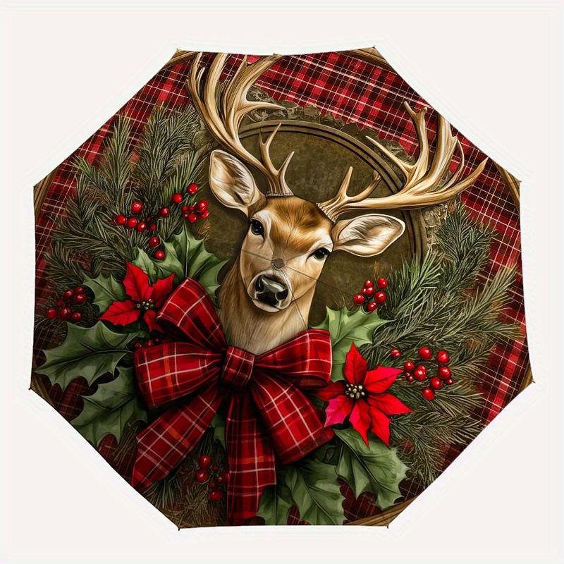Christmas Deer Wreath with Plaid Bow Coaster Set of 4 Umbrella, Cute Umbrella with Cute Design, Portable 3-Fold Compact Umbrella for Men & Women, Vale