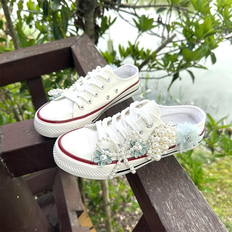 Fashion Girls Canvas Shoes Women's Spring/Autumn Casual Shoes Pearl Flower Fashion Flat Ribbon Lace-up Comfortable Vulcanized Shoes