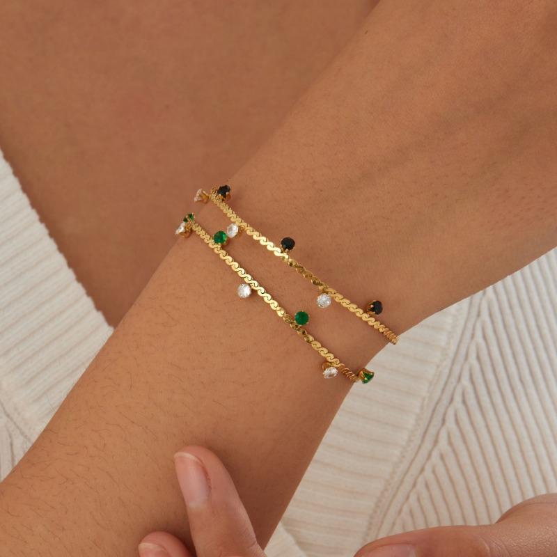 Gold Serrated Chain Bracelet with Black and White Crystal Drop Charms for Women