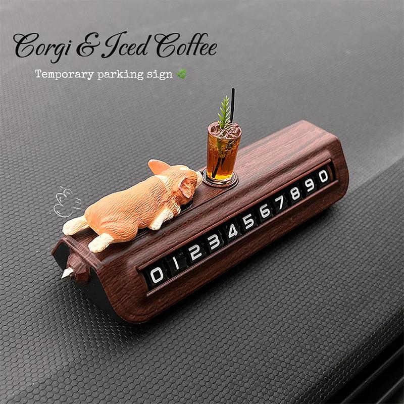 Cute Corgi Move Car Phone Tag Premium Wood ain Temporary Parking Number Plate Window Breaker Car Interior Accories