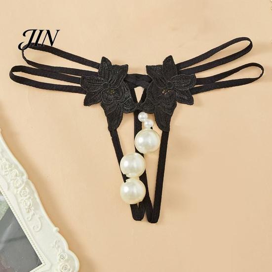 Open Crotch Thong Women's Sexy Faux Pearl G-String Thong, Low Waist Erotic Lace Embroidered Flower Underwear, Strappy Y-Back Stretch Panties Underwear