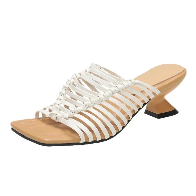 Fashion French Elegant Retro Hollow Woven Square Head Peep Toe Roman Sandals Comfortable Cool Slippers Casual All-match Women's Shoes