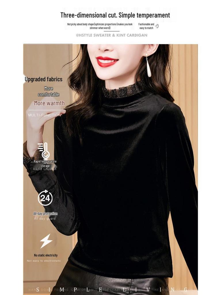 Elegant Black Velvet Top: Stand Collar, Silk Mesh Sleeves, Versatile Women's Base Shirt