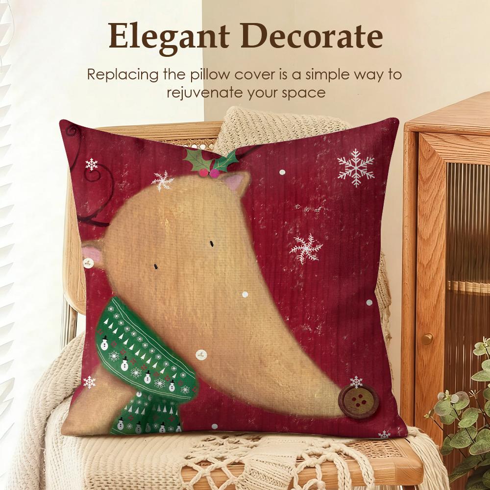 Cute Christmas Reindeer Cushion Cover Natural Linen Organic Fabric Double-Sided Printing Sofa Home Decor Gift Pillow Case